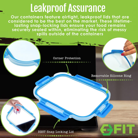 FIT Strong & Healthy leak-proof lid close-up on glass container for secure storage.