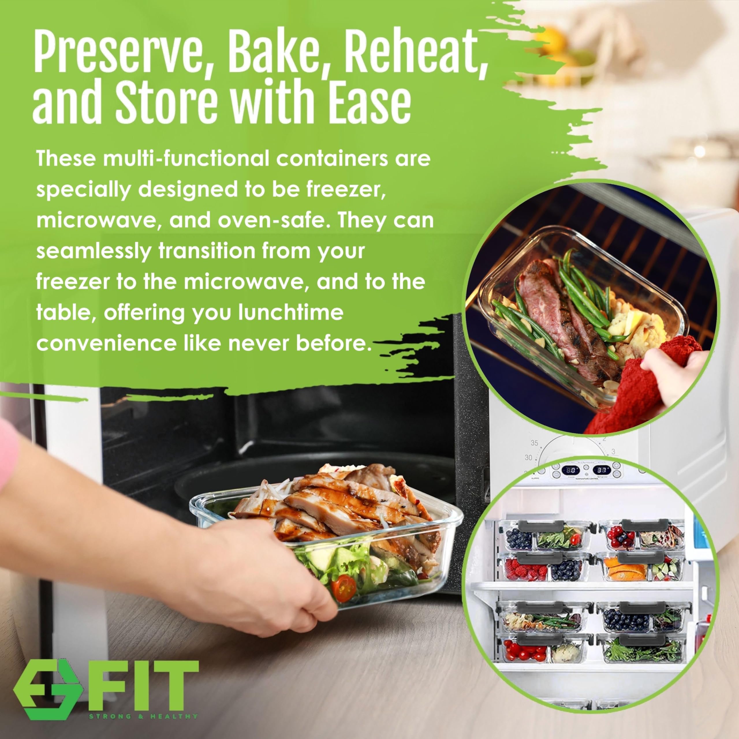 FIT Strong & Healthy oven-safe glass container withstands heating up to 450°F for easy reheating