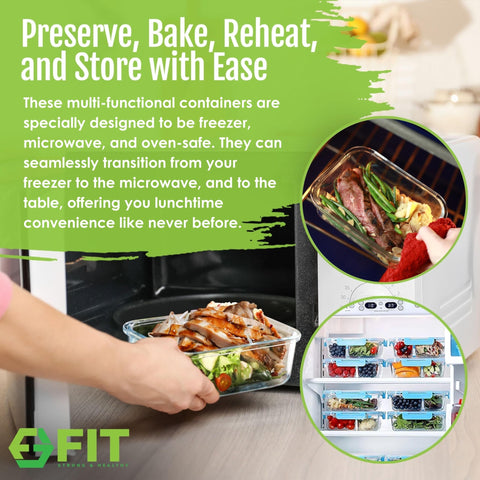 FIT Strong & Healthy oven-safe glass container ready for reheating meals.