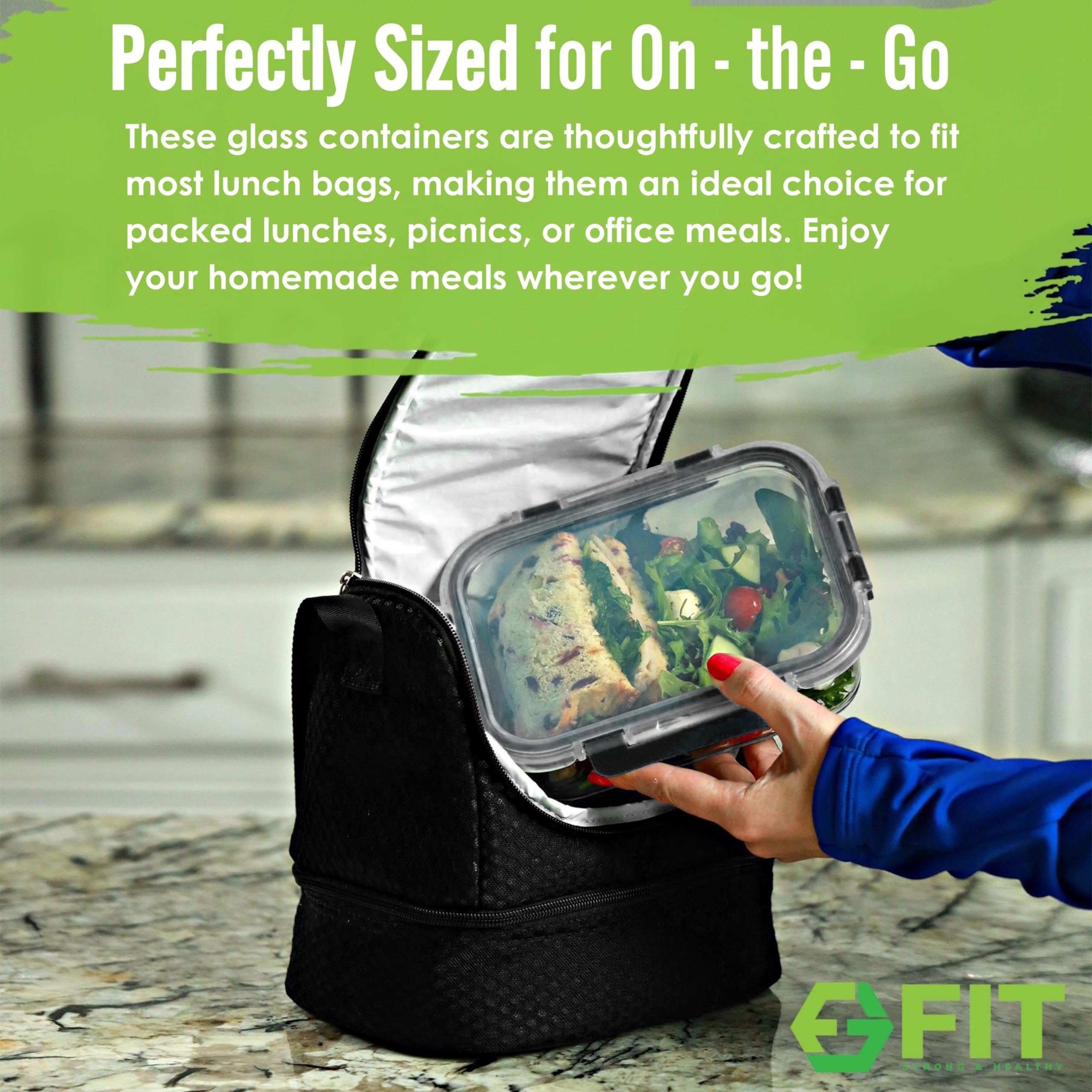FIT Strong and Healthy stackable design saves fridge and pantry space.