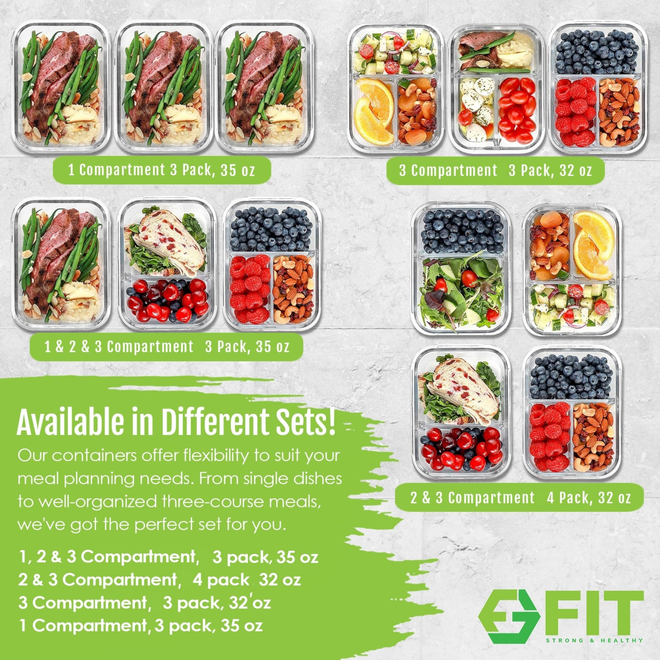 FIT Strong & Healthy stackable glass containers maximize fridge storage.