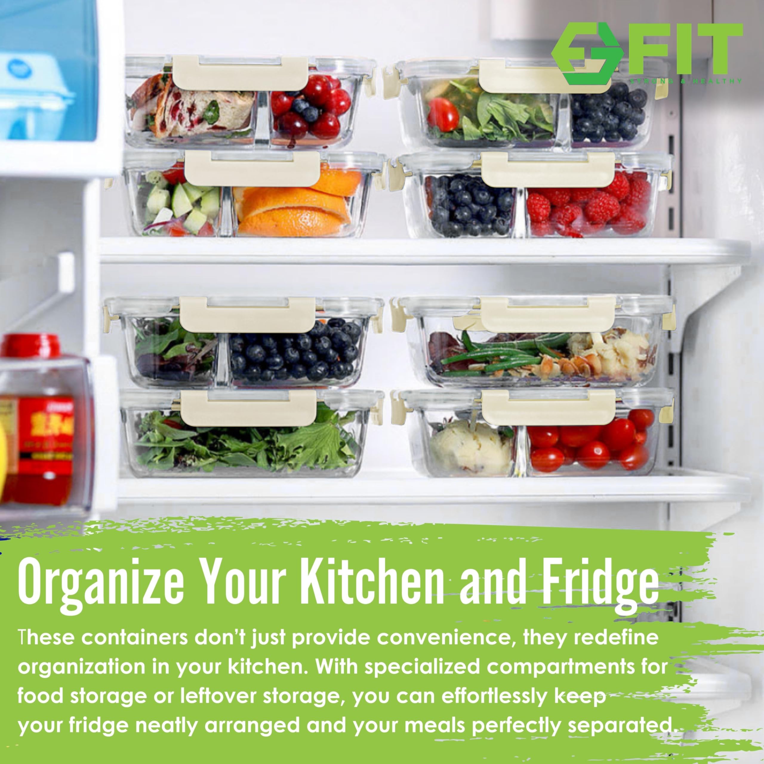 FIT Strong & Healthy stackable glass storage to save fridge space and organize leftovers.