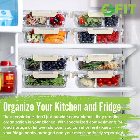 FIT Strong & Healthy stackable glass storage to save fridge space and organize leftovers.
