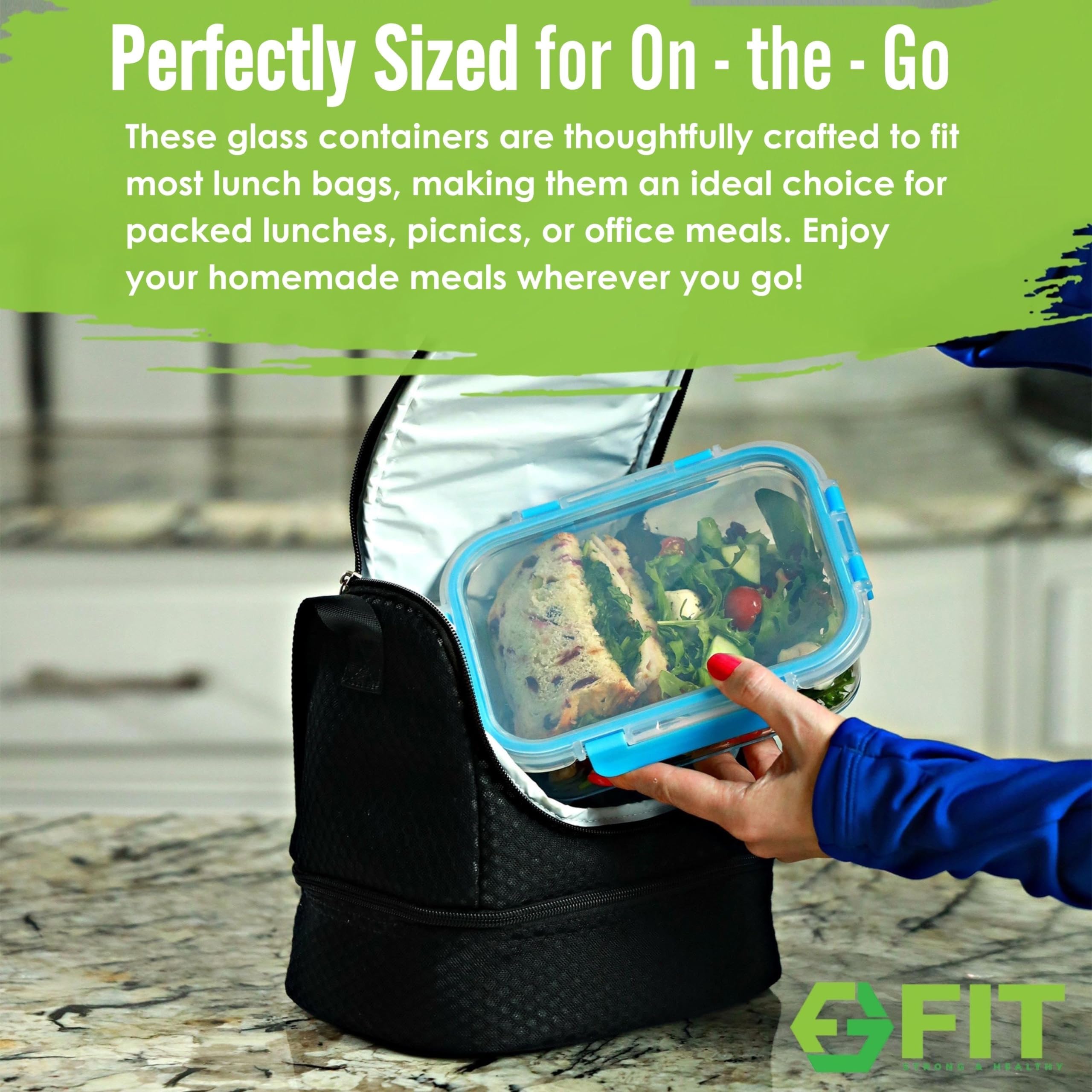 FIT Strong & Healthy top-rack dishwasher safe lids with glass containers.