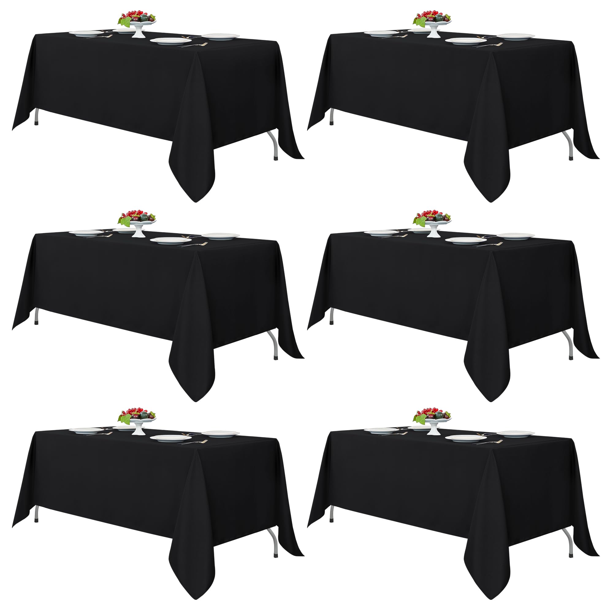 Fitable black tablecloth rectangle 6-pack stacked for easy setup and elegance.