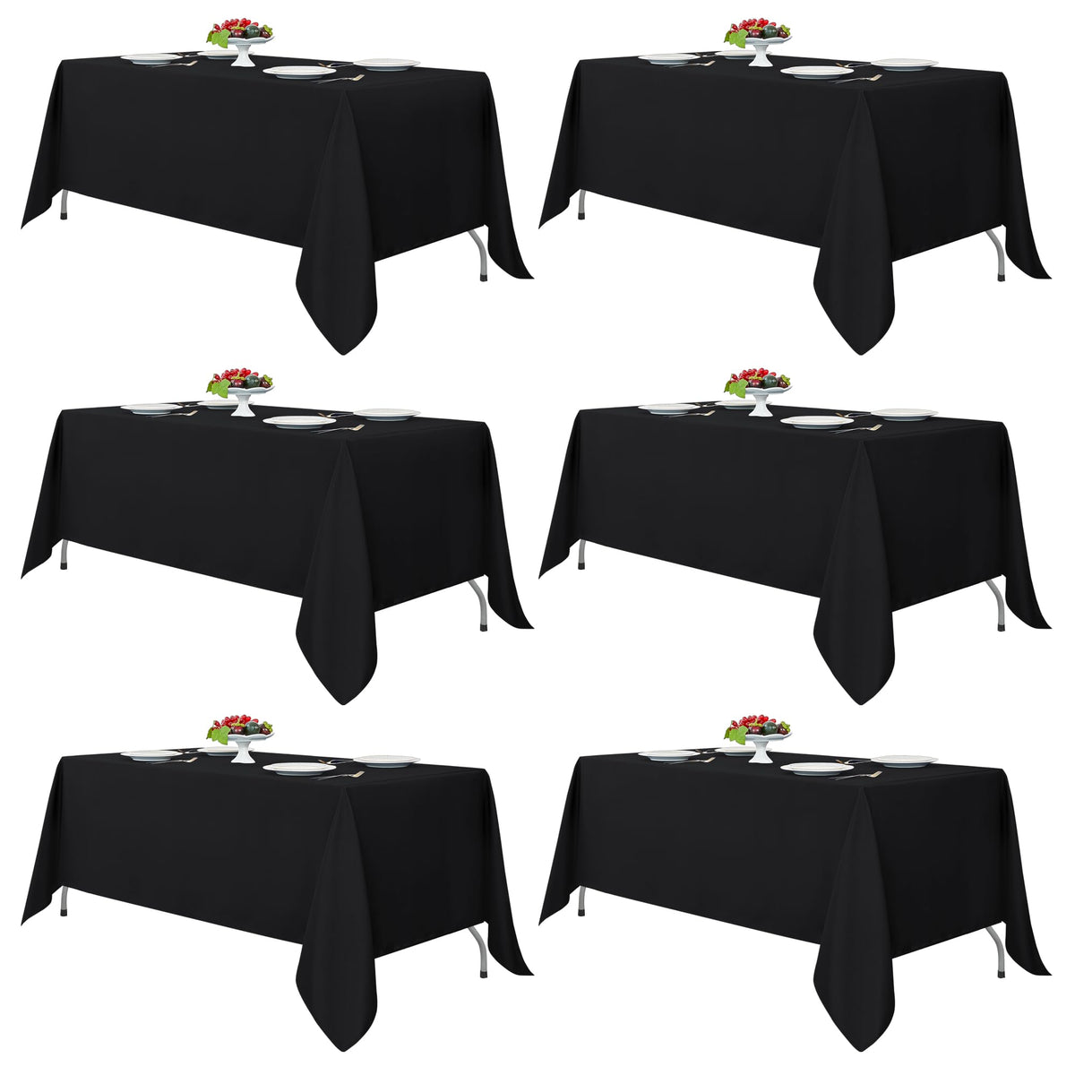Fitable black tablecloth rectangle 6-pack stacked for easy setup and elegance.
