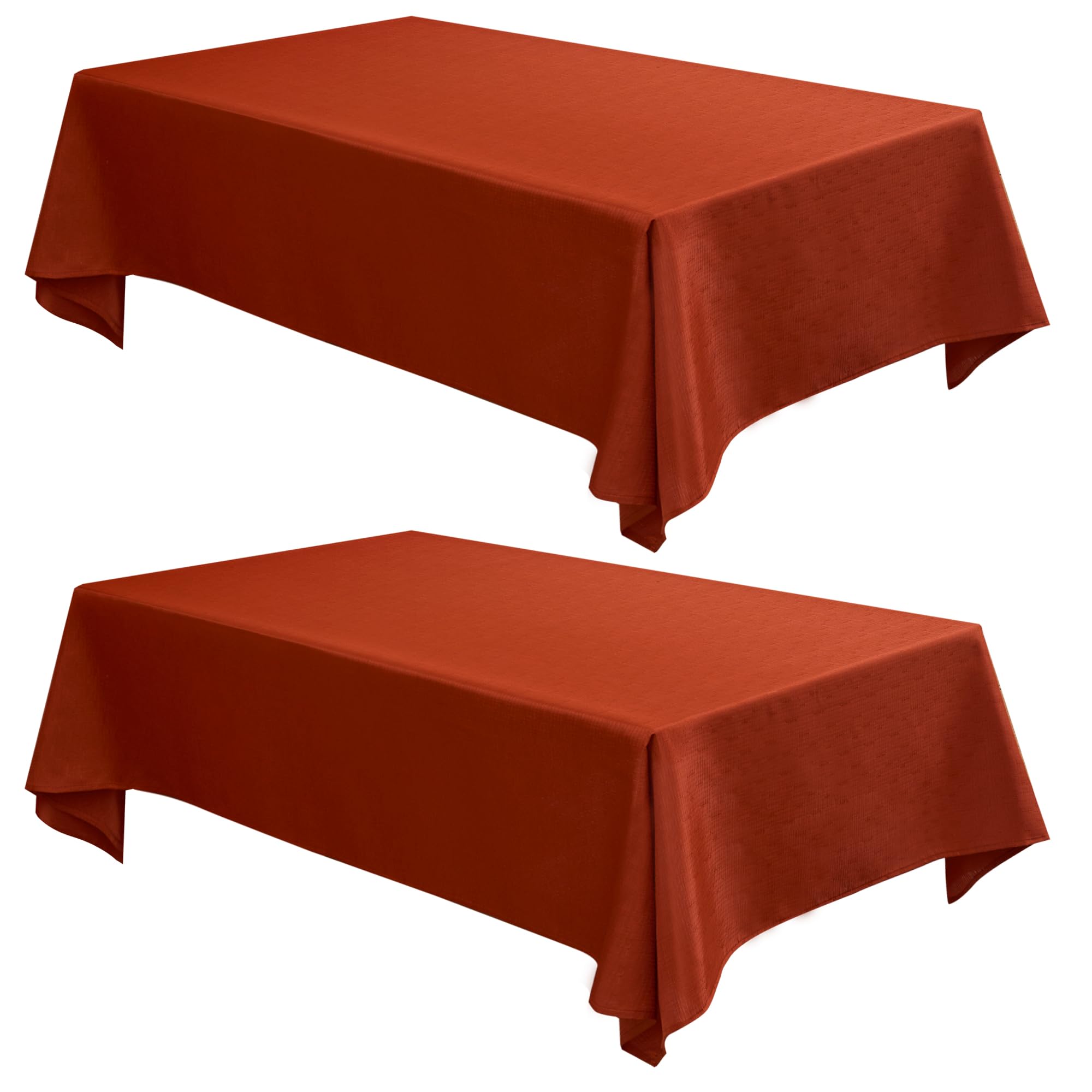 Fitable faux linen fall tablecloth in rust protecting dining surface with rustic texture.