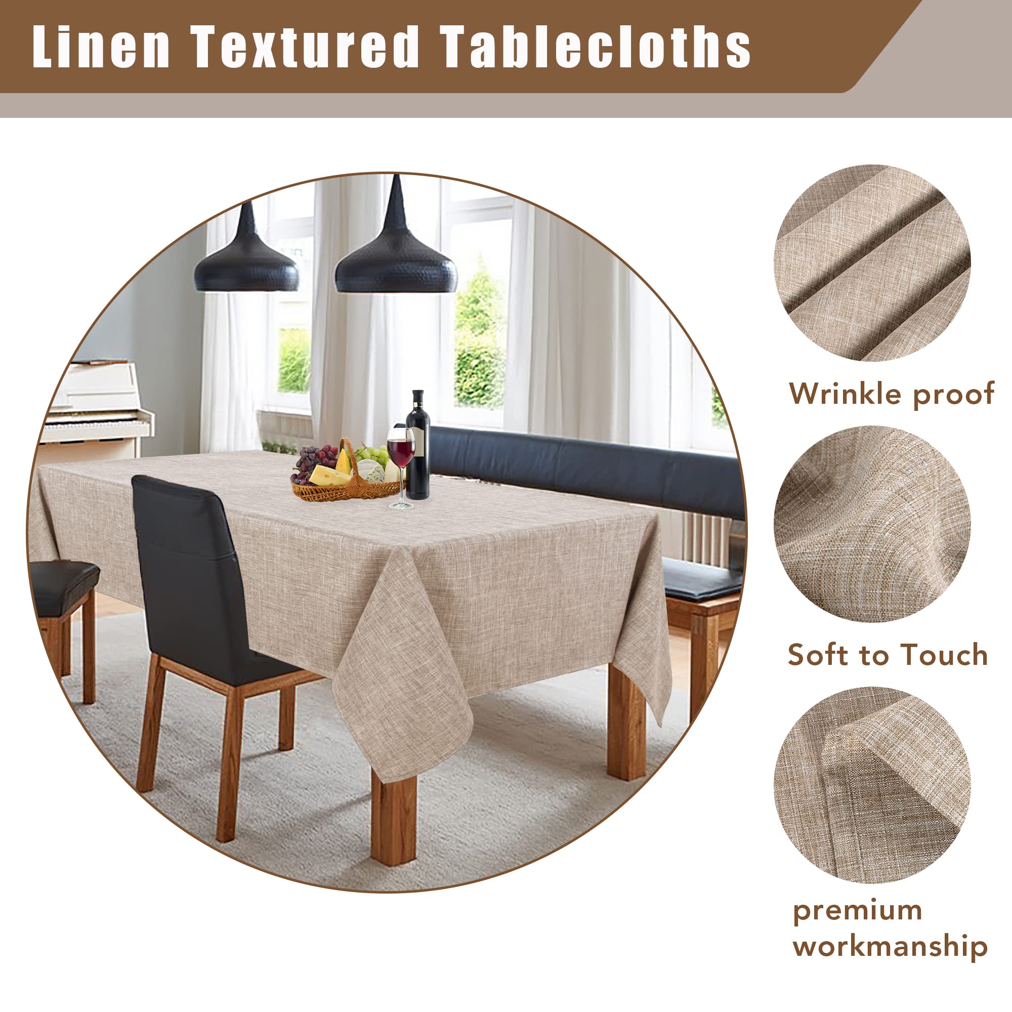 Fitable neutral tablecloth on dining setup for versatile occasions.