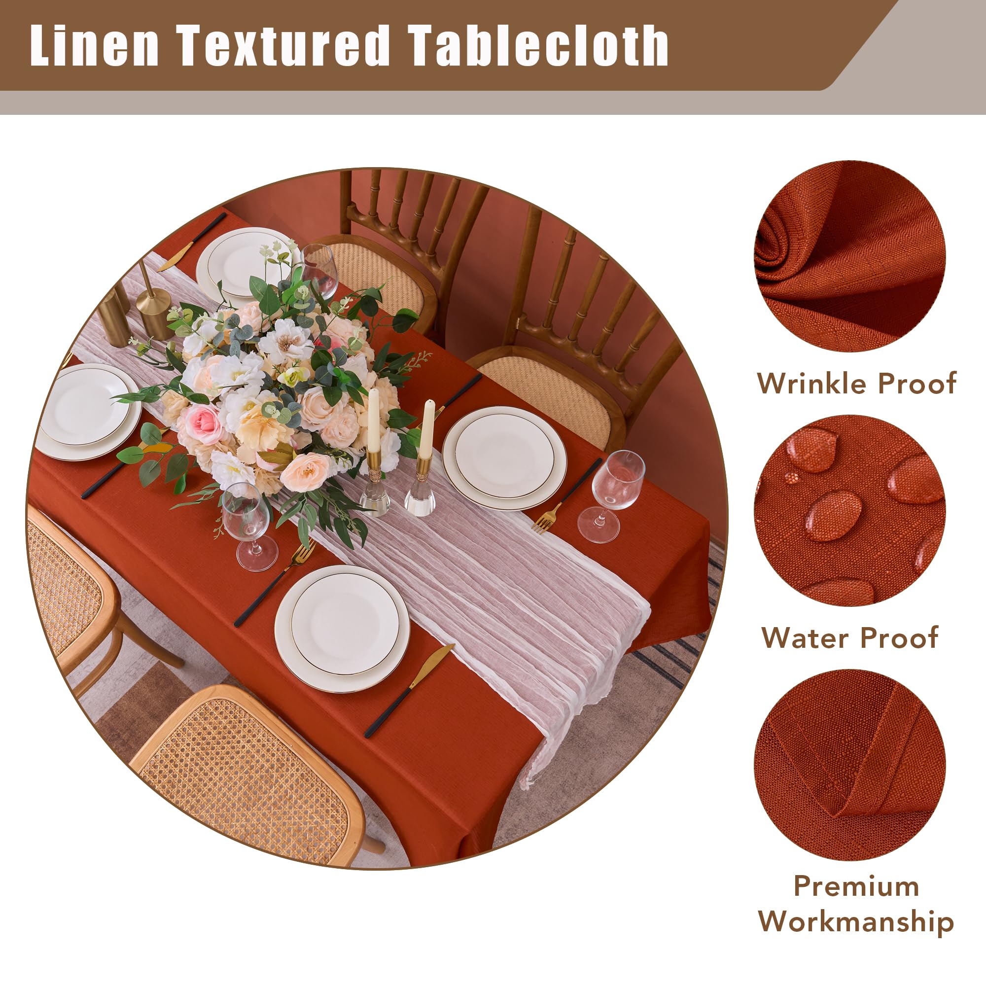 Fitable autumn table setting with rust tablecloth enhancing harvest-themed decor.