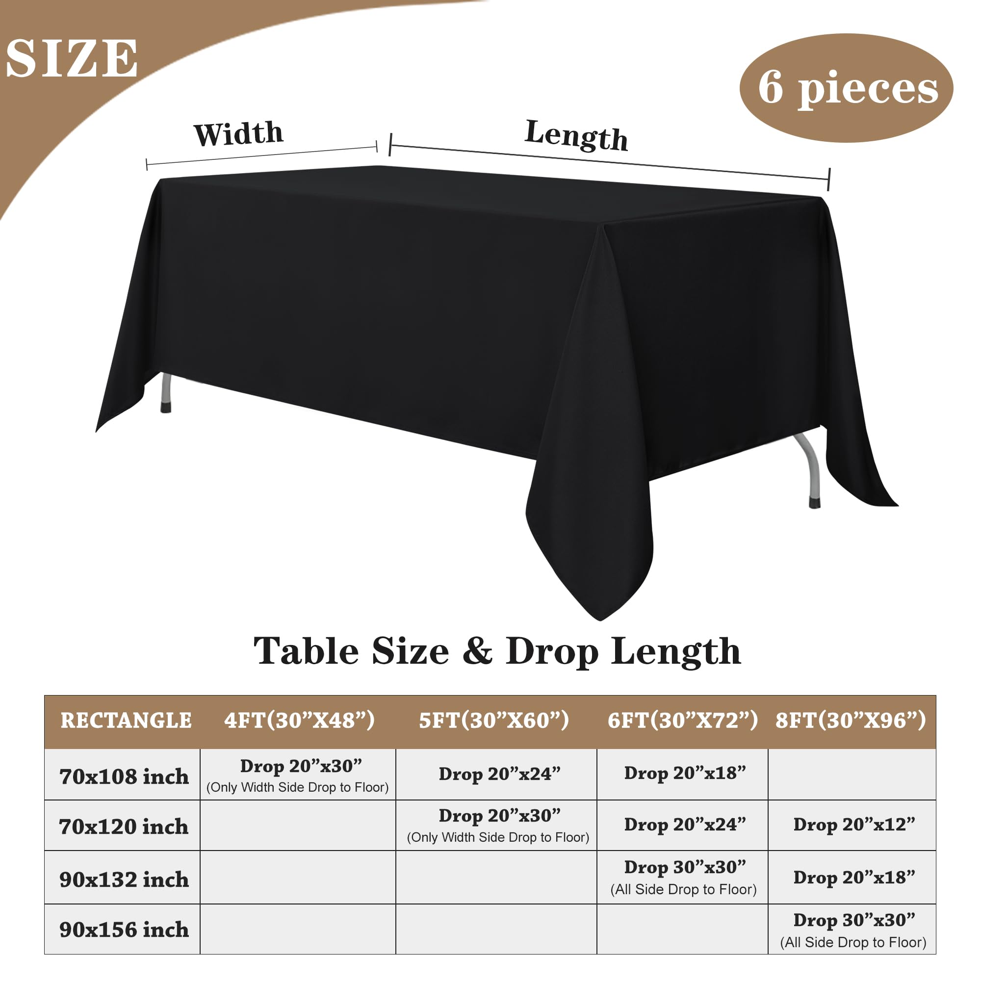 Fitable tablecloth various sizes display compatibility with different tables.