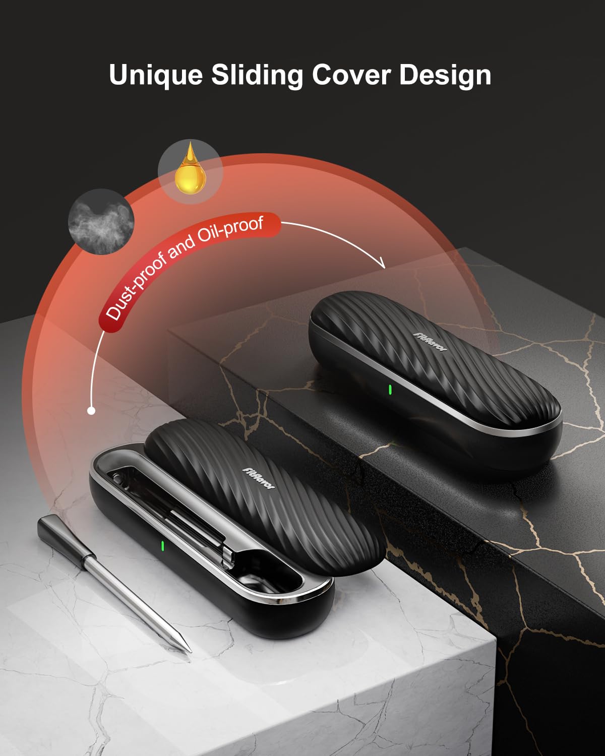 Fitflavor sliding cover protects the thermometer from dust and oil.
