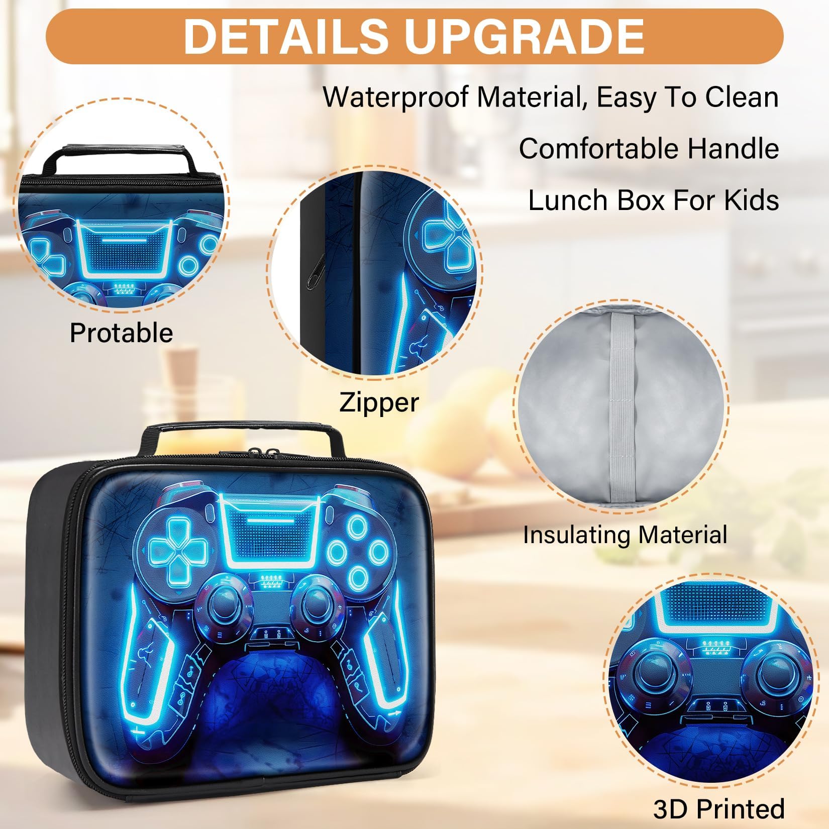 Fitvc Gamer Lunch Box compact size fits backpacks for on-the-go meals.