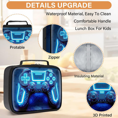 Fitvc Gamer Lunch Box compact size fits backpacks for on-the-go meals.