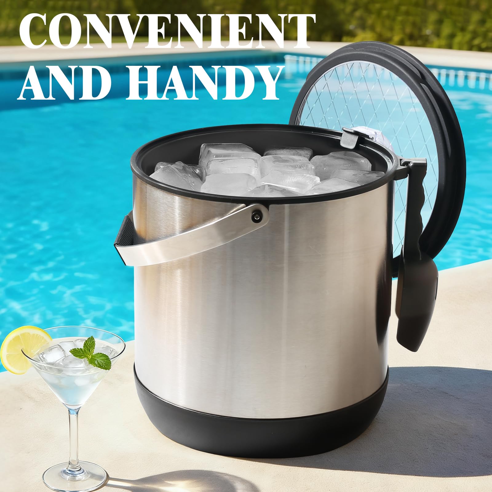 Double-wall insulated FiveHome ice bucket keeps beverages cold for hours