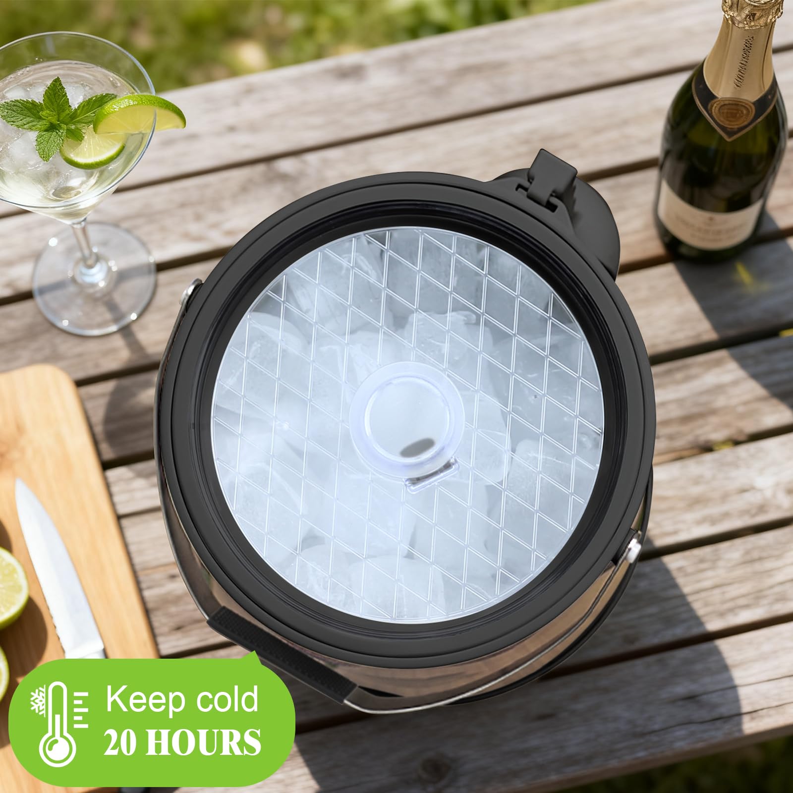 FiveHome ice bucket with clip-on lid shown securely on edge.