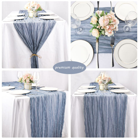 Fivenl cheesecloth table runner backdrop adds light, airy ambiance to decor.