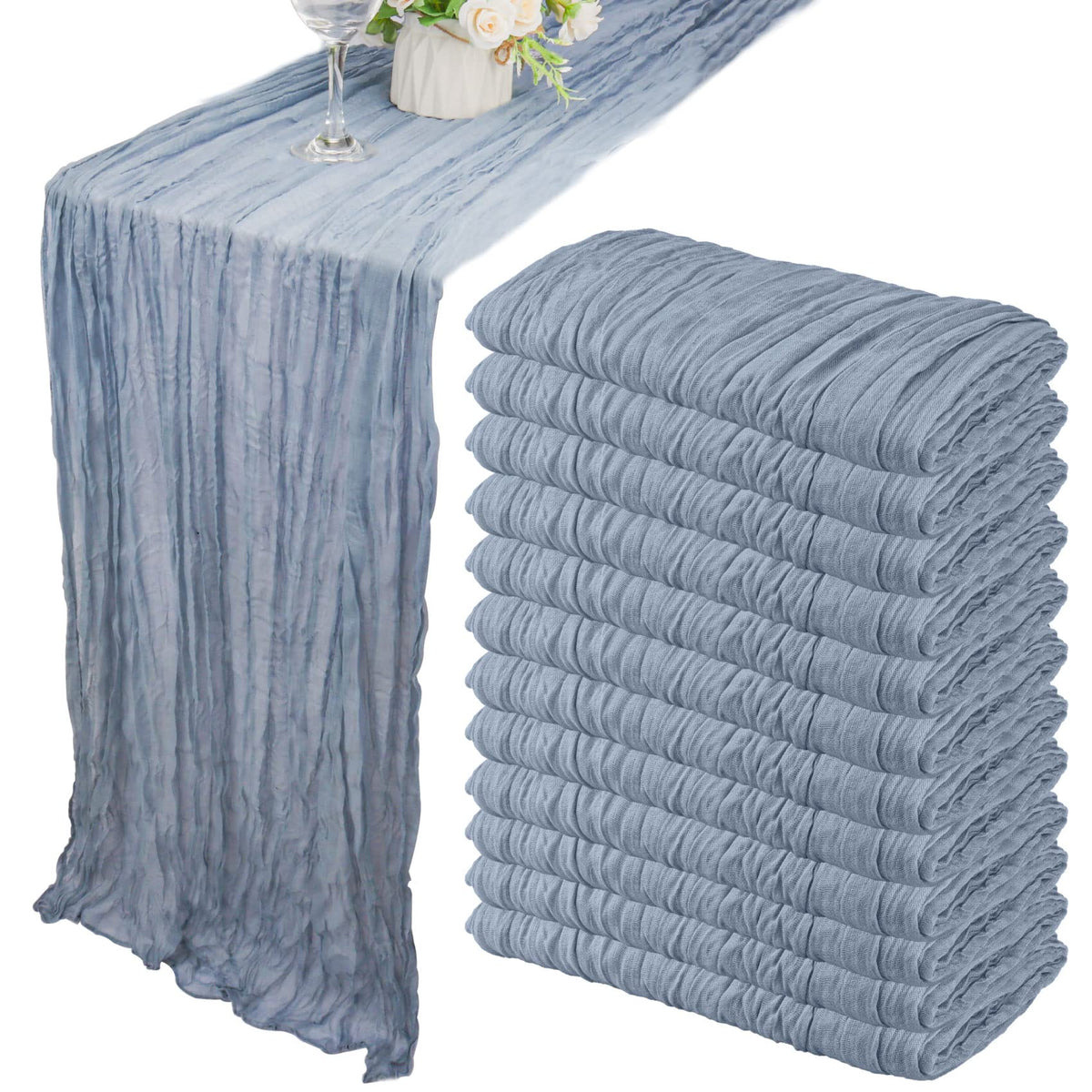 Fivenl dusty blue cheesecloth table runner adds elegant coverage for 35x120 inch tables.