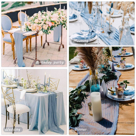 Fivenl dusty blue runner inspires dessert table decor with a soft look.