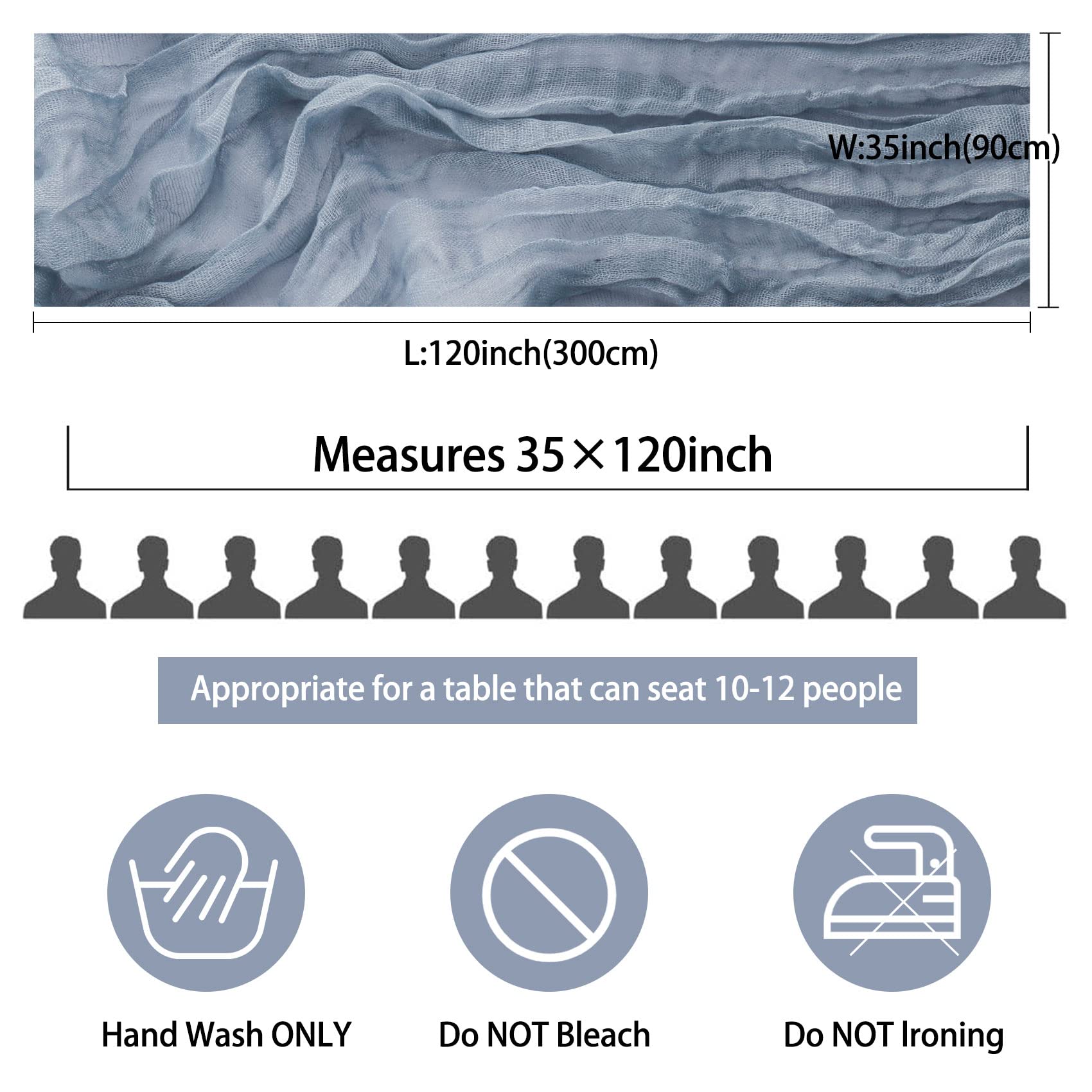 Fivenl dusty blue cheesecloth table runner drapes softly for weddings.