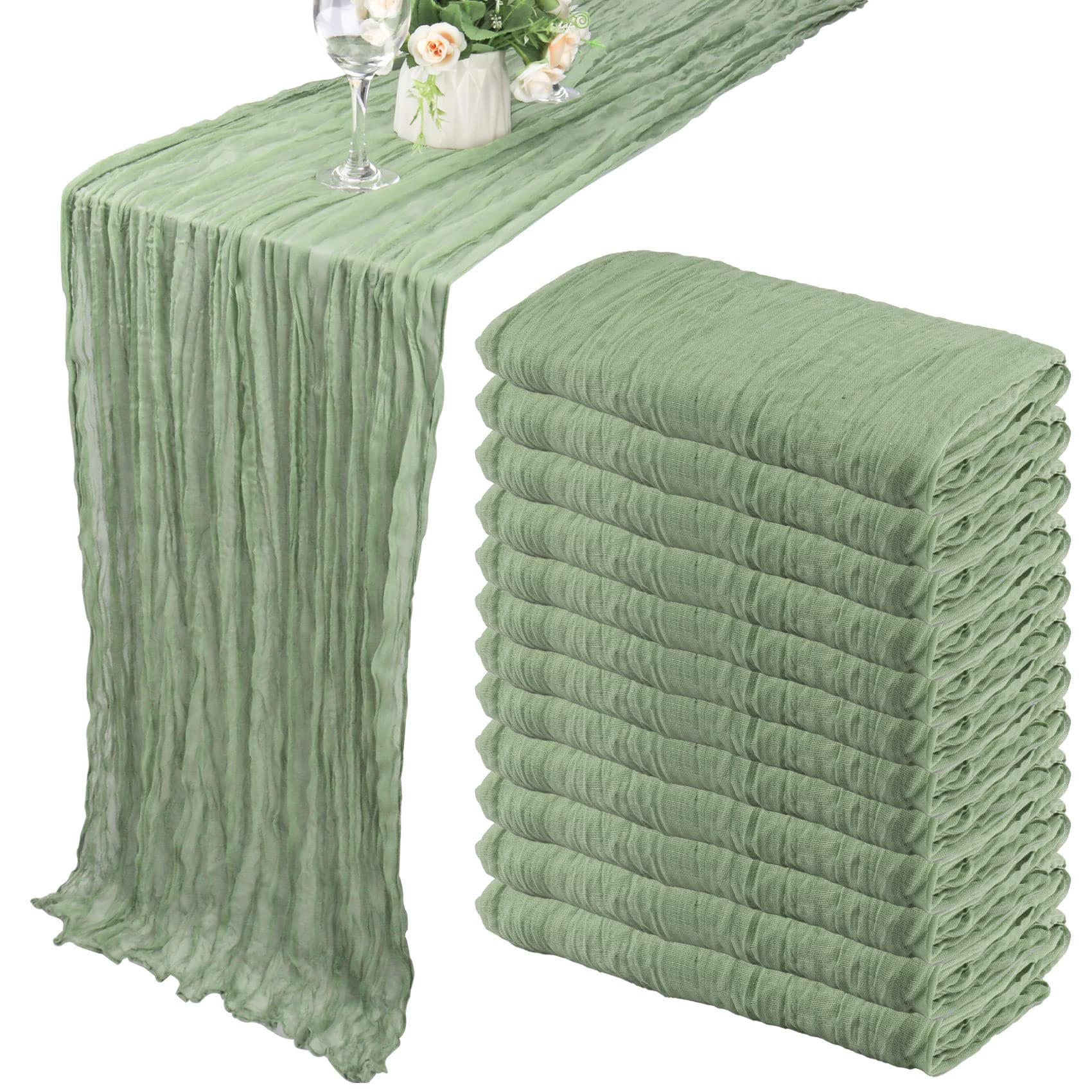 Fivenl dusty sage green cheesecloth table runner for elegant decor and events
