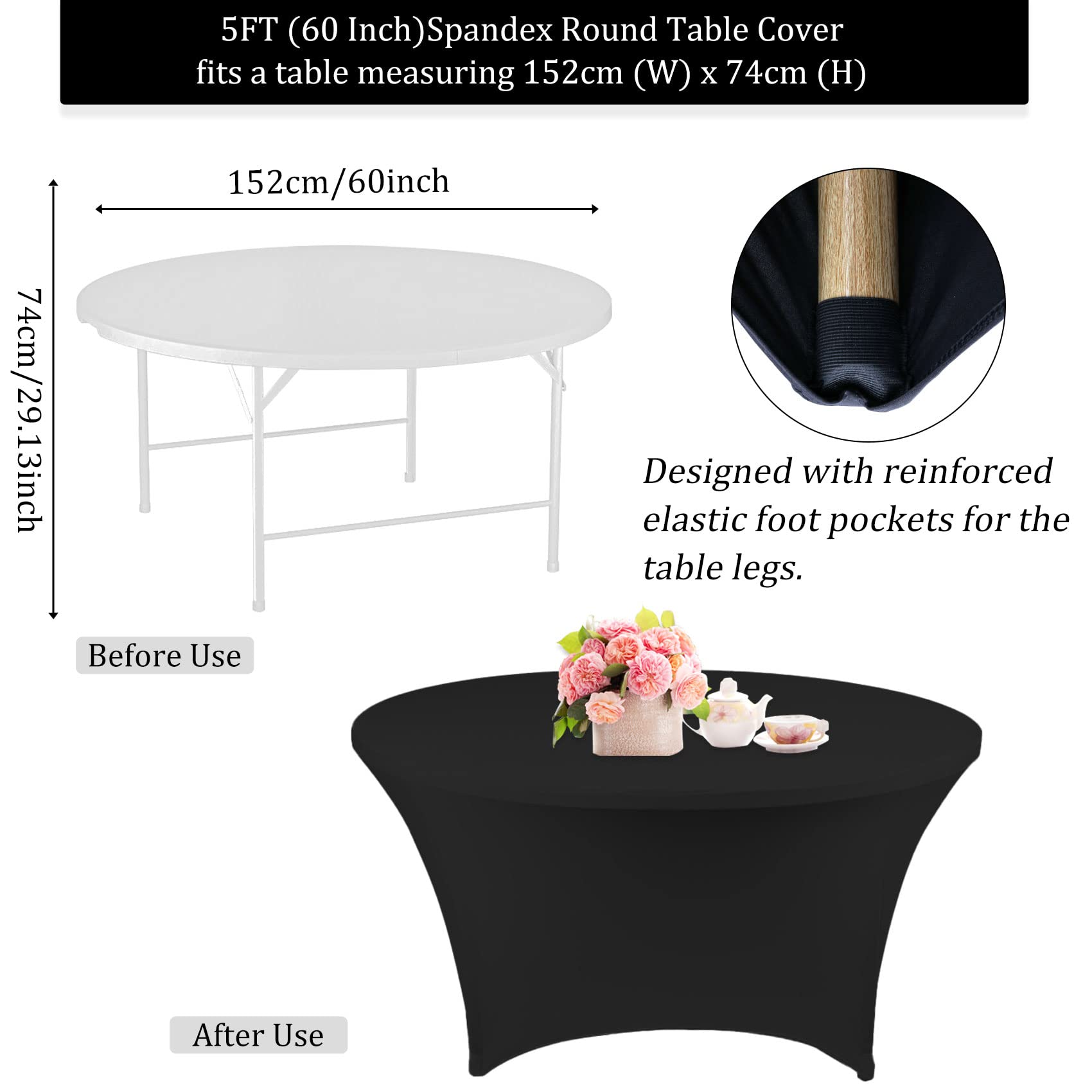 Fivenl tablecloth with reinforced elastic foot pockets stays secure on the table