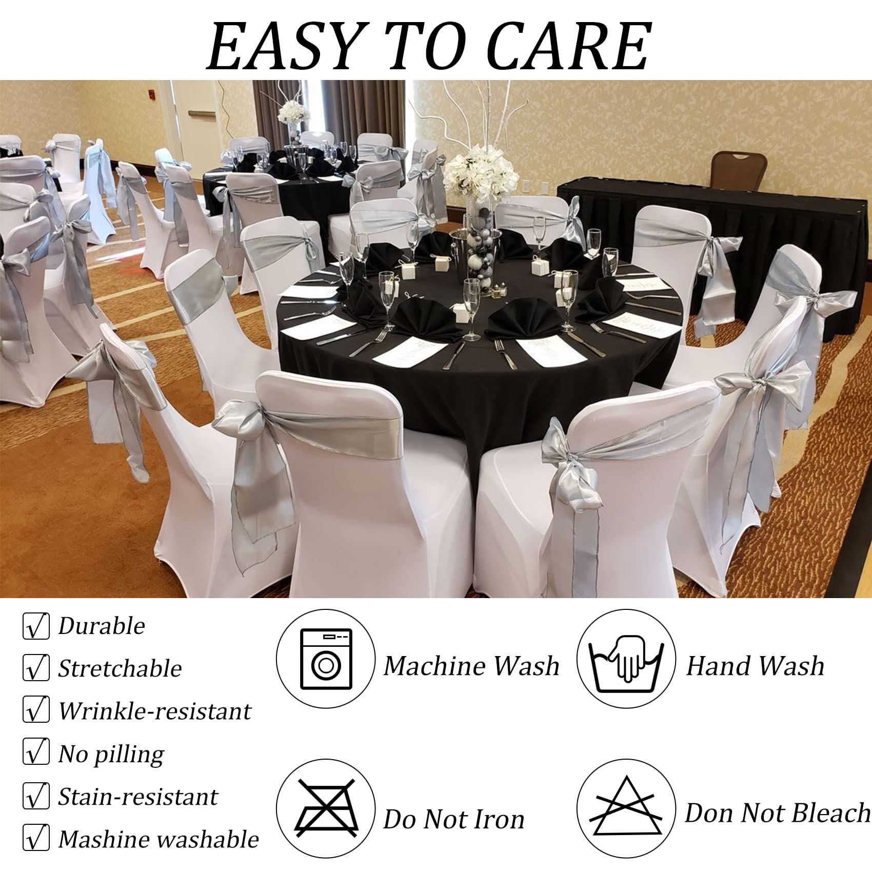 Wedding banquet setup with Fivenl black round tablecloth drape