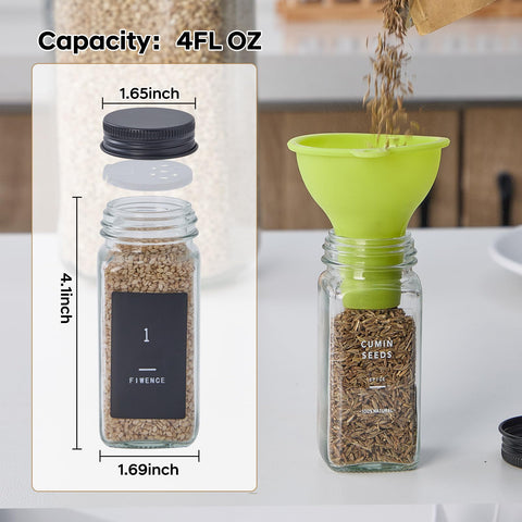 Fiwence jars with 576 labels organized for easy spice identification.