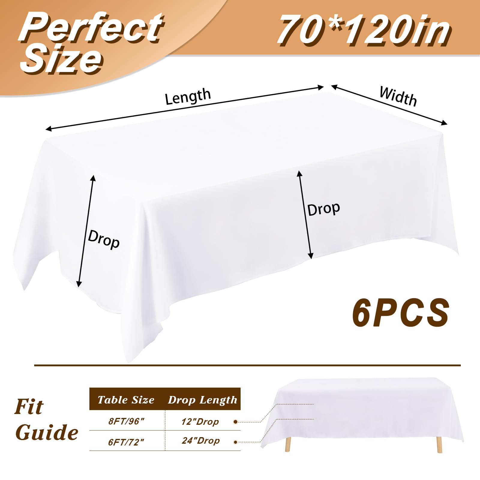 Fixwal 6-pack white tablecloths ready for elegant dining setups and events.