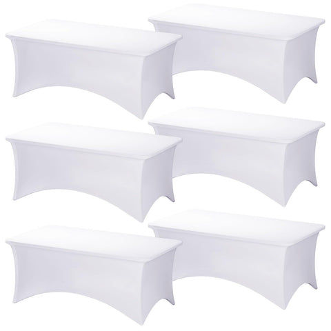 Fixwal 6-pack white rectangular tablecloth on a 6ft table for a clean, wrinkle-free look