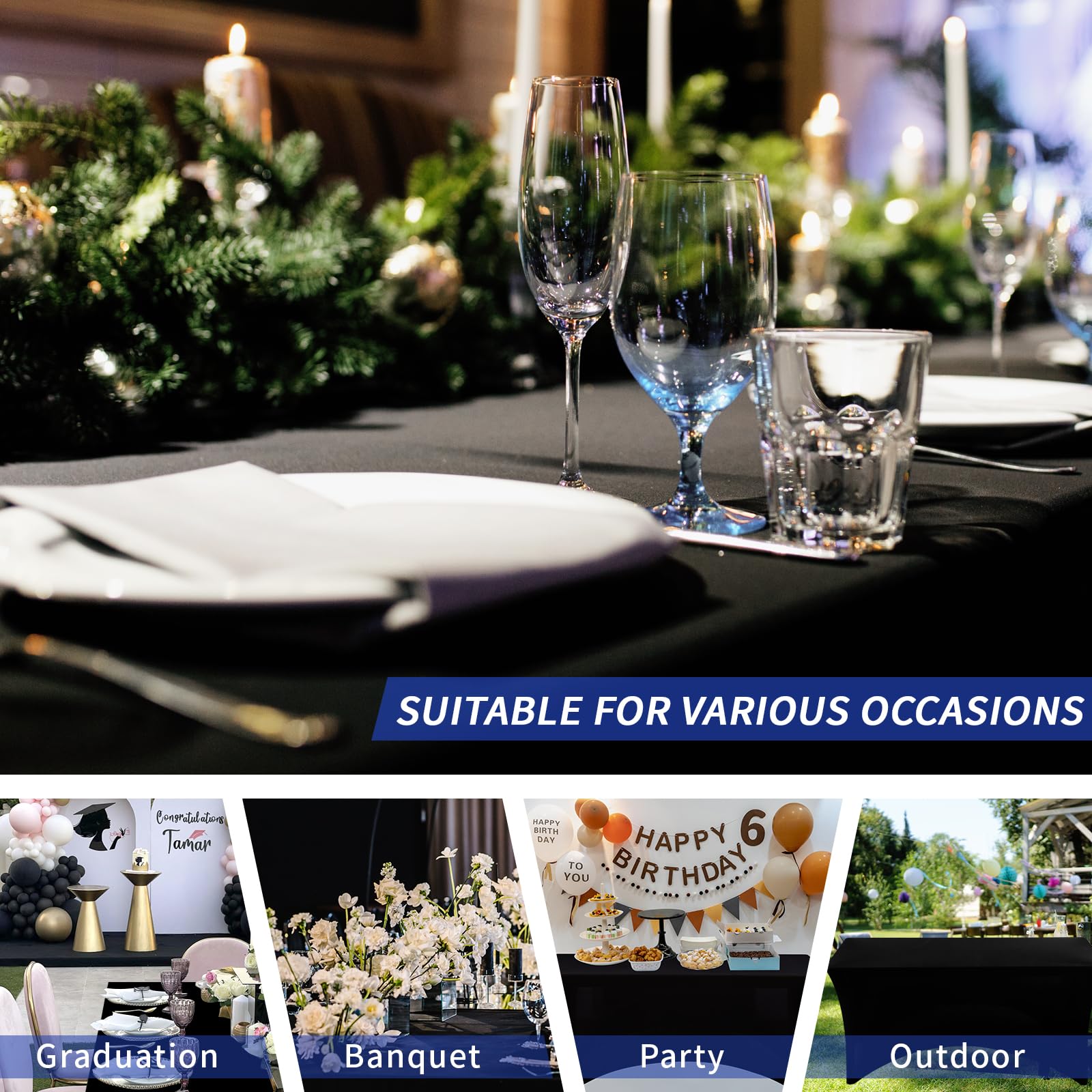 Fixwal black 8ft tablecover suitable for trade shows and catering setups.