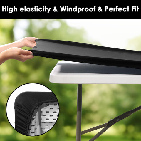 Fixwal elastic-fitted 6ft black tablecloth provides a sleek backdrop for any event.