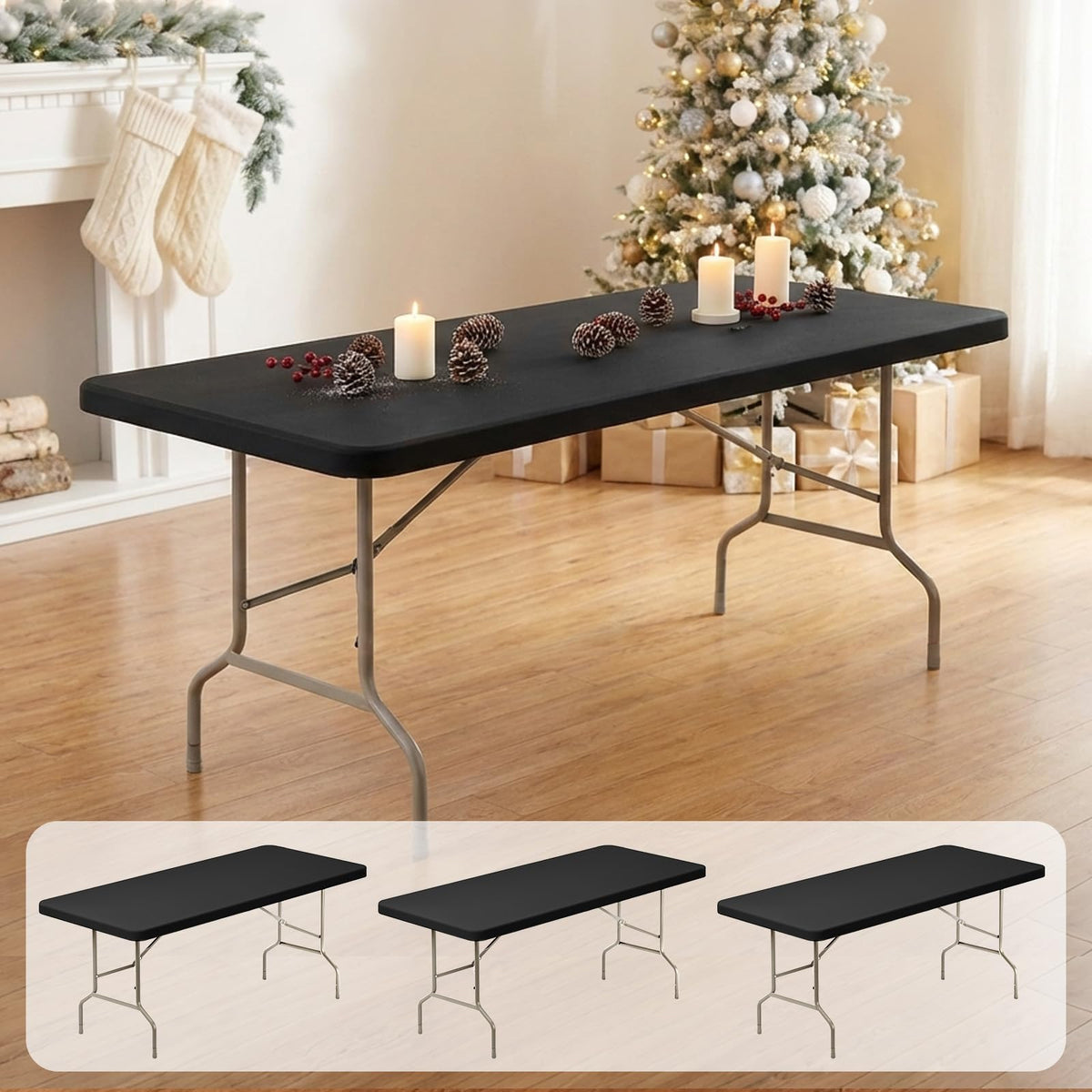 Fixwal elastic fitted tablecloth on a 6ft table, provides a clean dining setup.