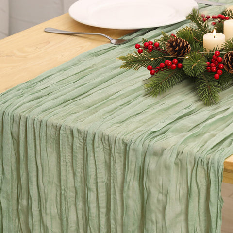 Fixwal sage green cheesecloth table runner pleated texture for elegant dining
