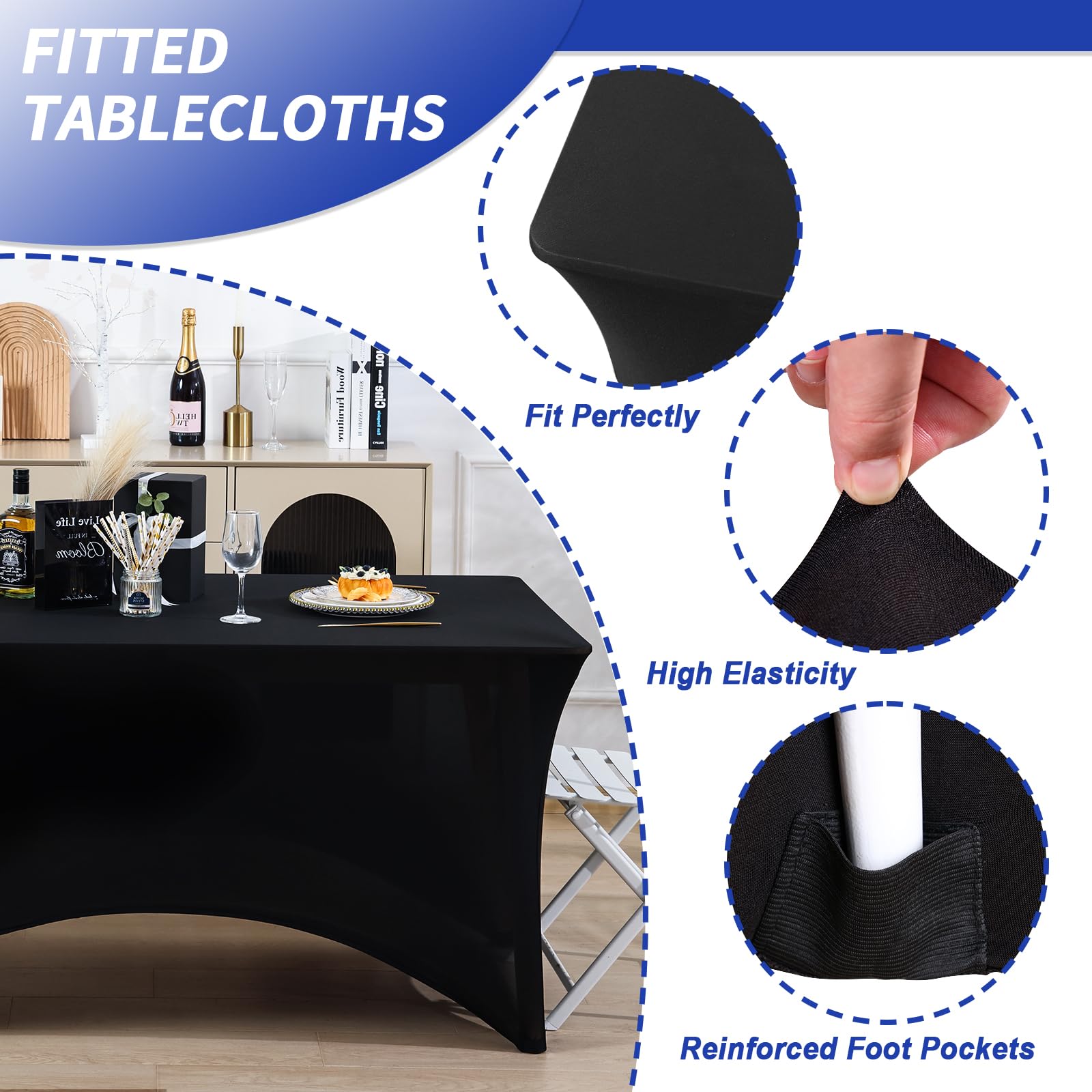 Fixwal black spandex tablecover offers wrinkle resistance for quick-event setup.