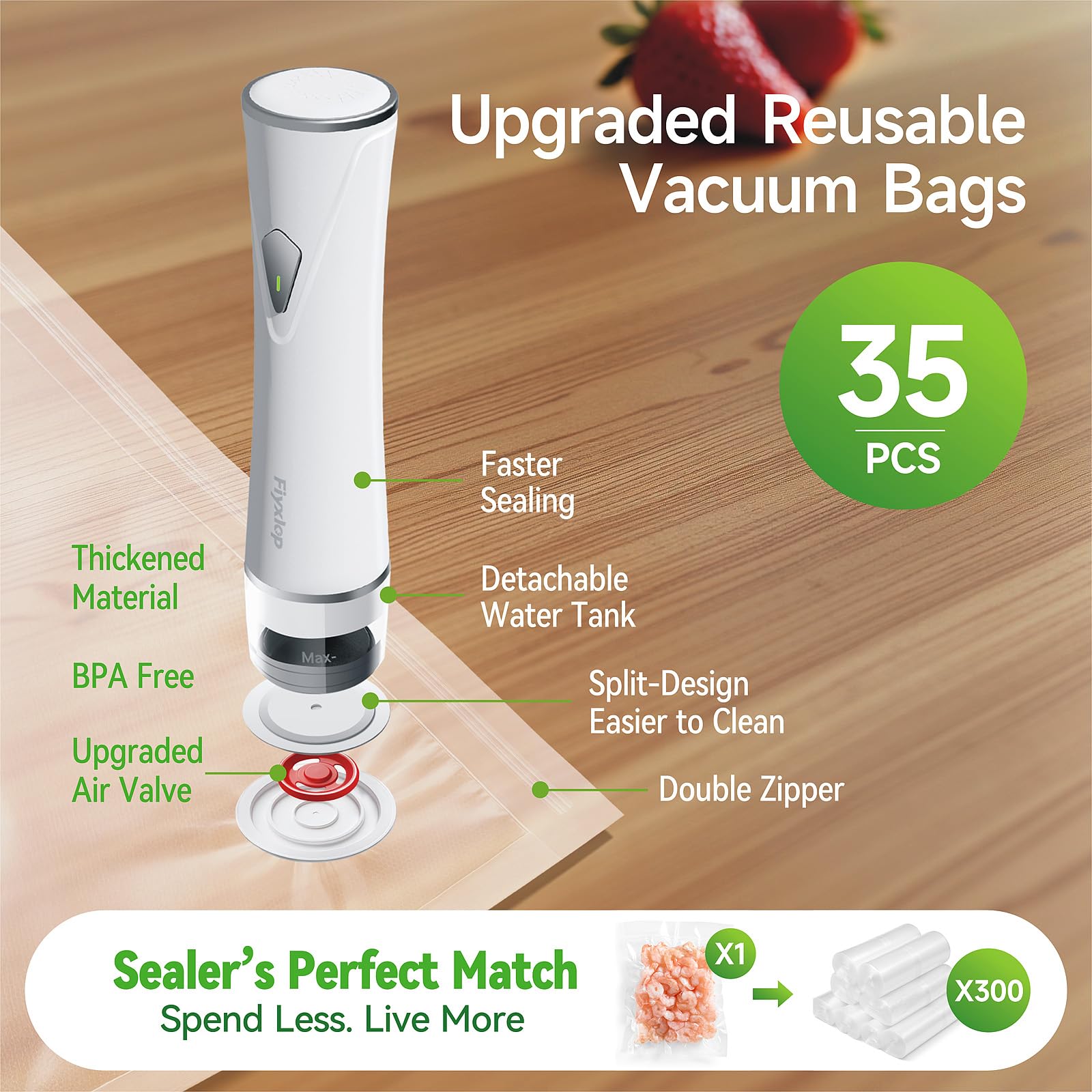 Fiyxlop sous vide bags double zipper ensures airtight storage.