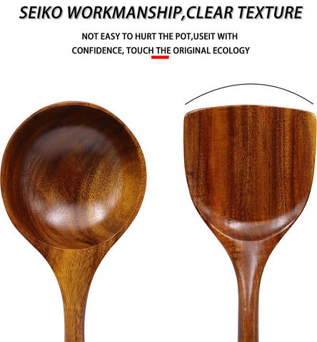FJNATINH handmade teak utensils showcasing natural grain and craftsmanship.