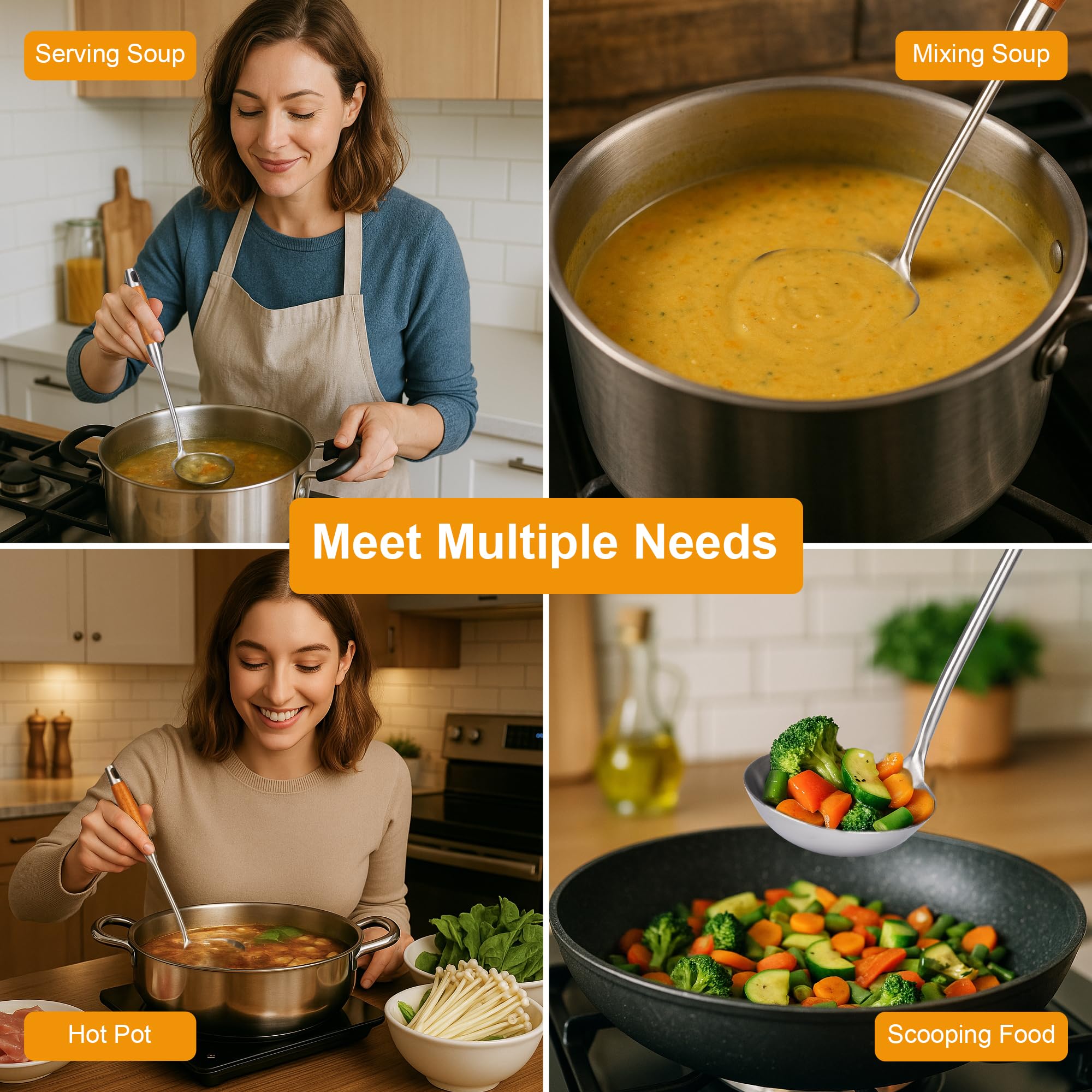 FJNATINH ladle serving soup demonstrates versatile kitchen use.