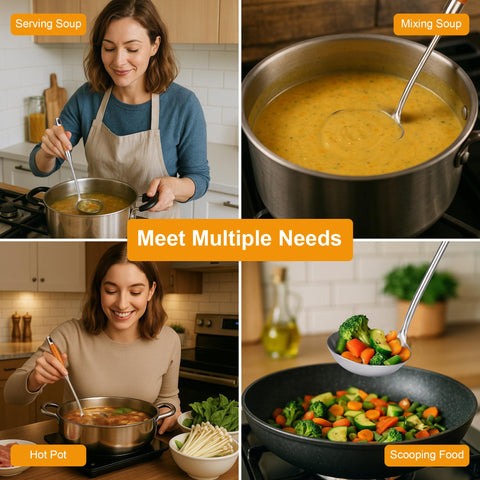 FJNATINH ladle serving soup demonstrates versatile kitchen use.