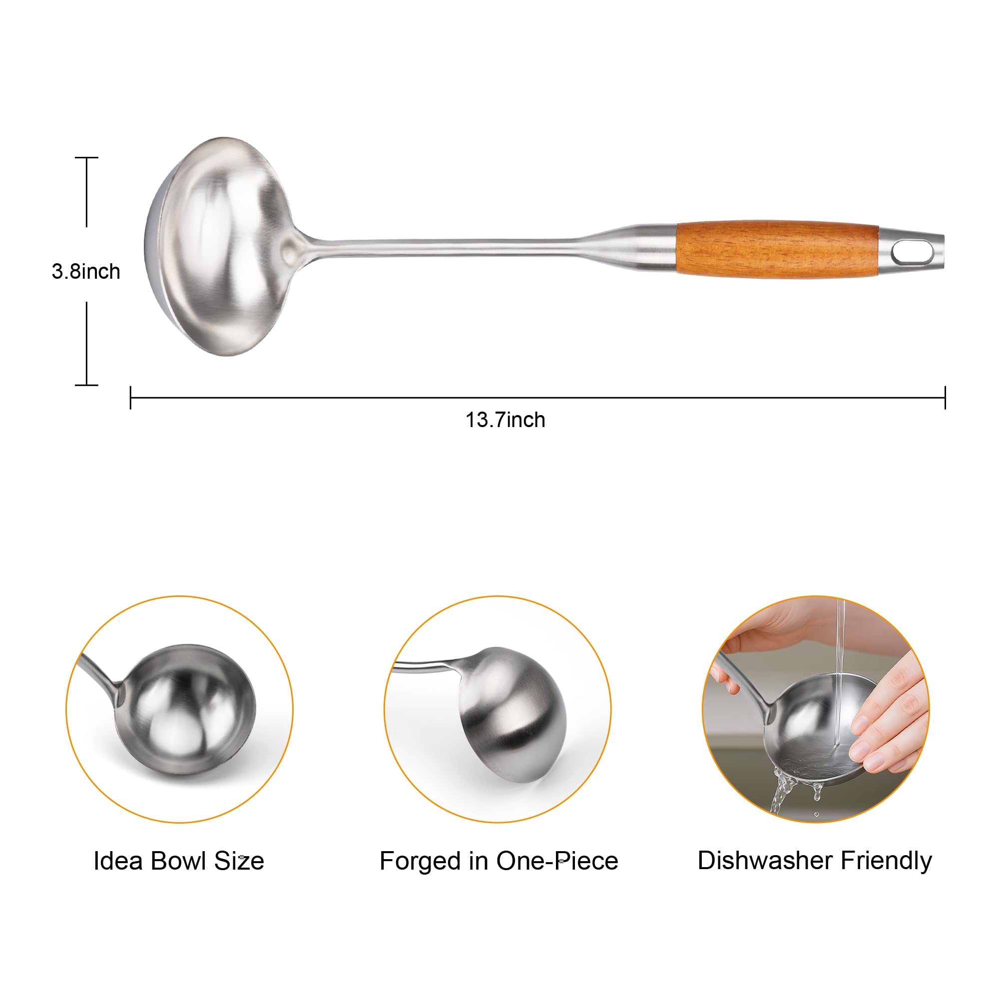 FJNATINH wooden-handle ladle provides heat-resistant, comfortable grip.