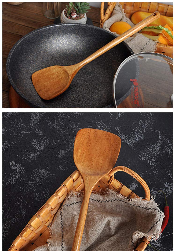 FJNATINH wooden spatula in action for stirring and turning.
