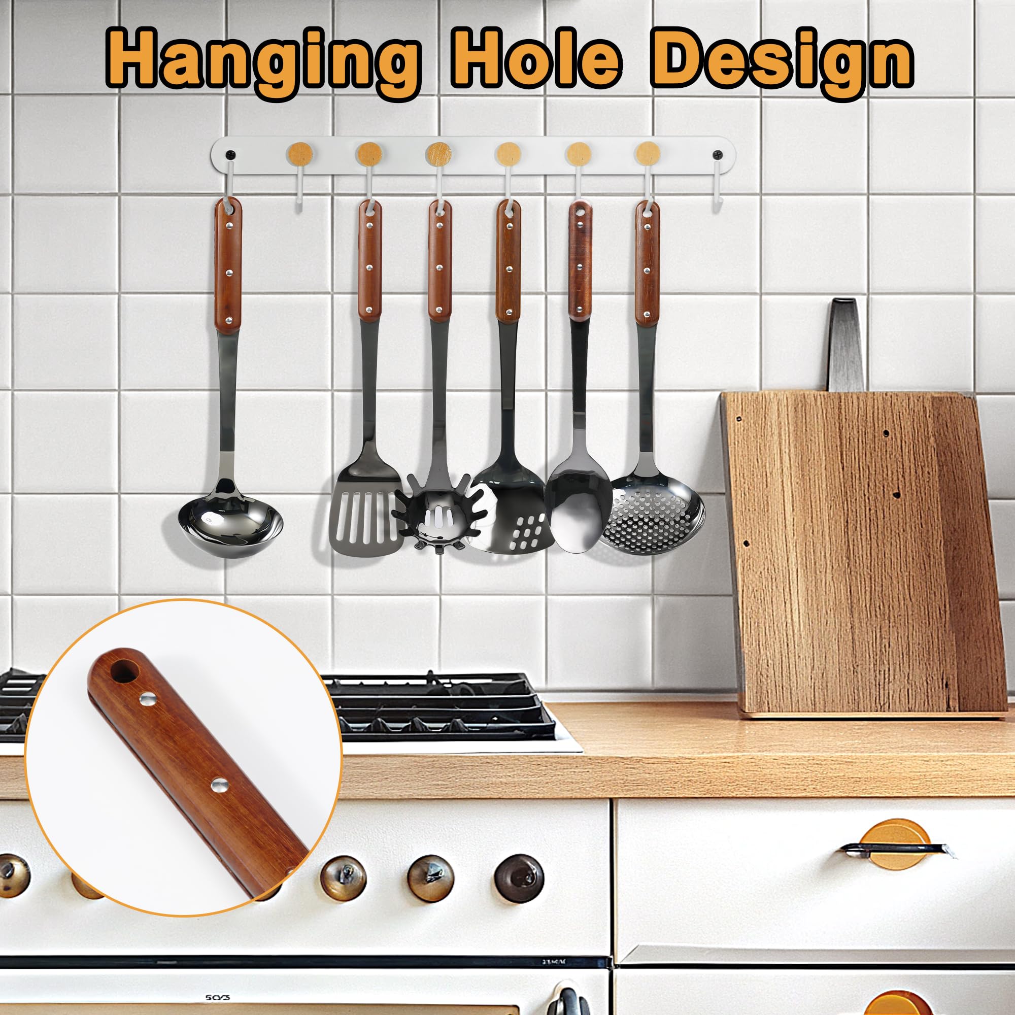 FJNATINH stainless steel skimmer with wooden grip for fast draining.