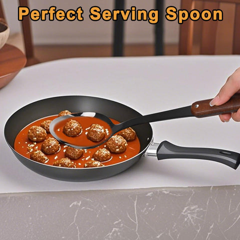 FJNATINH solid spoon with polished steel and wooden handle.