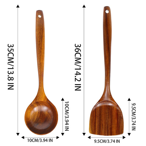 FJNATINH teak ladle with 14-inch handle ideal for soups and sauces.