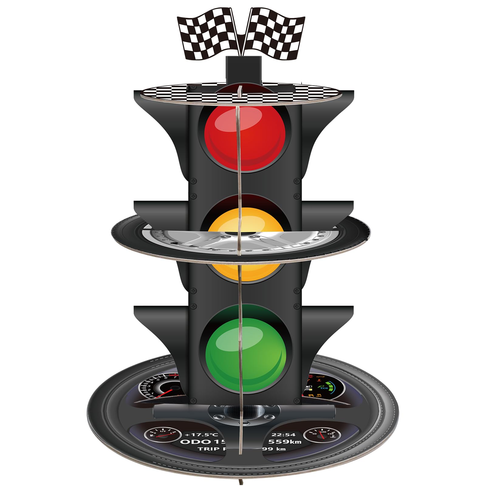 Fjoron 3-tier race car cupcake stand provides a focal centerpiece for a car-themed birthday celebration.