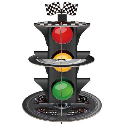 Fjoron 3-tier race car cupcake stand provides a focal centerpiece for a car-themed birthday celebration.