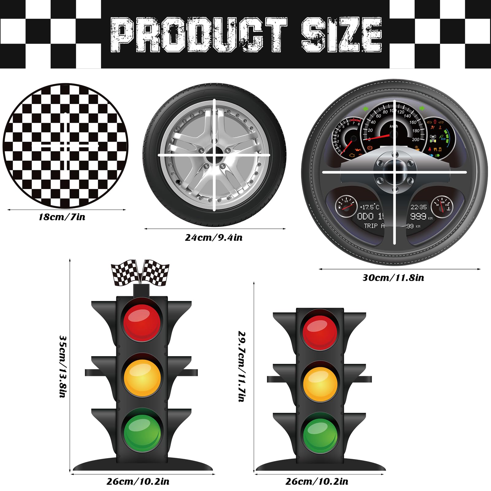 Fjoron race car theme decor cupcakes display adds thrill to party table.