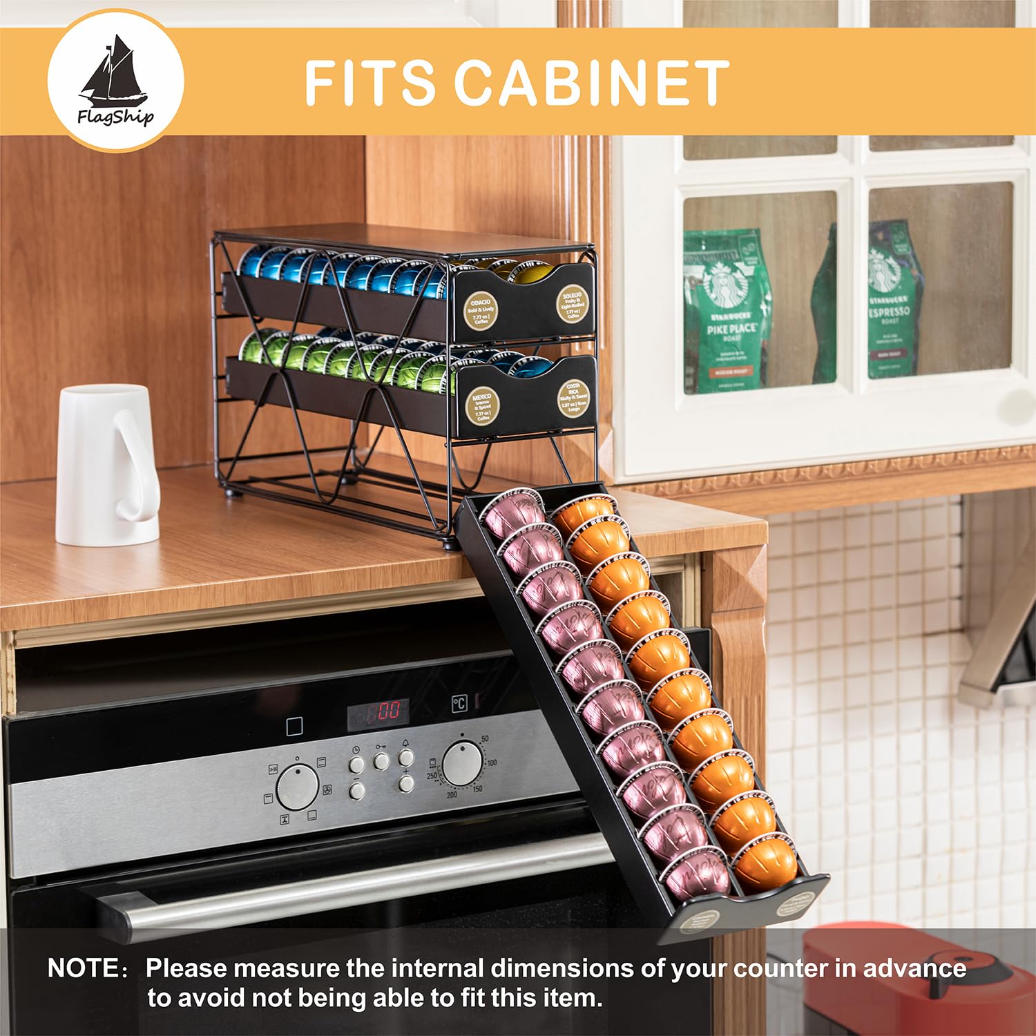 Hollow design in FlagShip organizer keeps Vertuo pods neatly sorted.