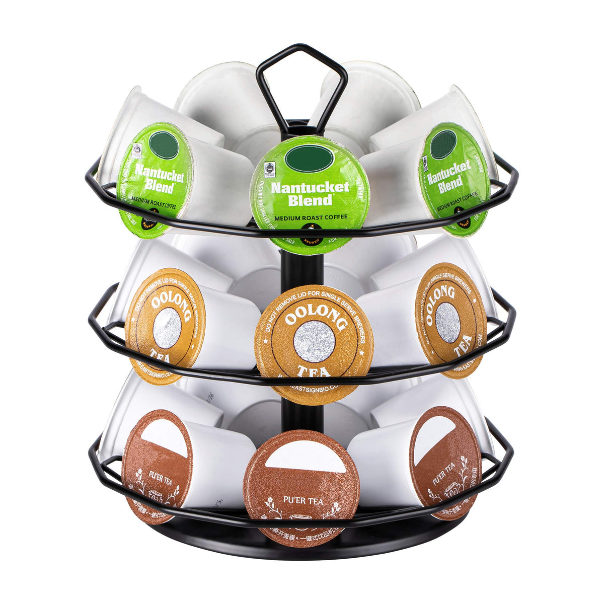 FlagShip K cup carousel three-tier setup keeps pods neatly organized
