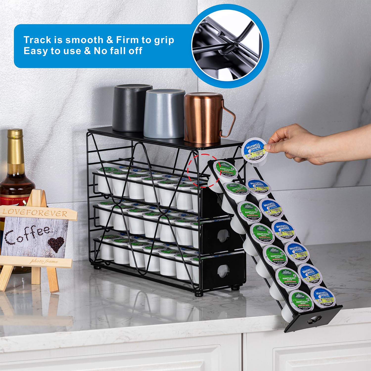 FlagShip K Cup Holder shows pods neatly organized in four tiers