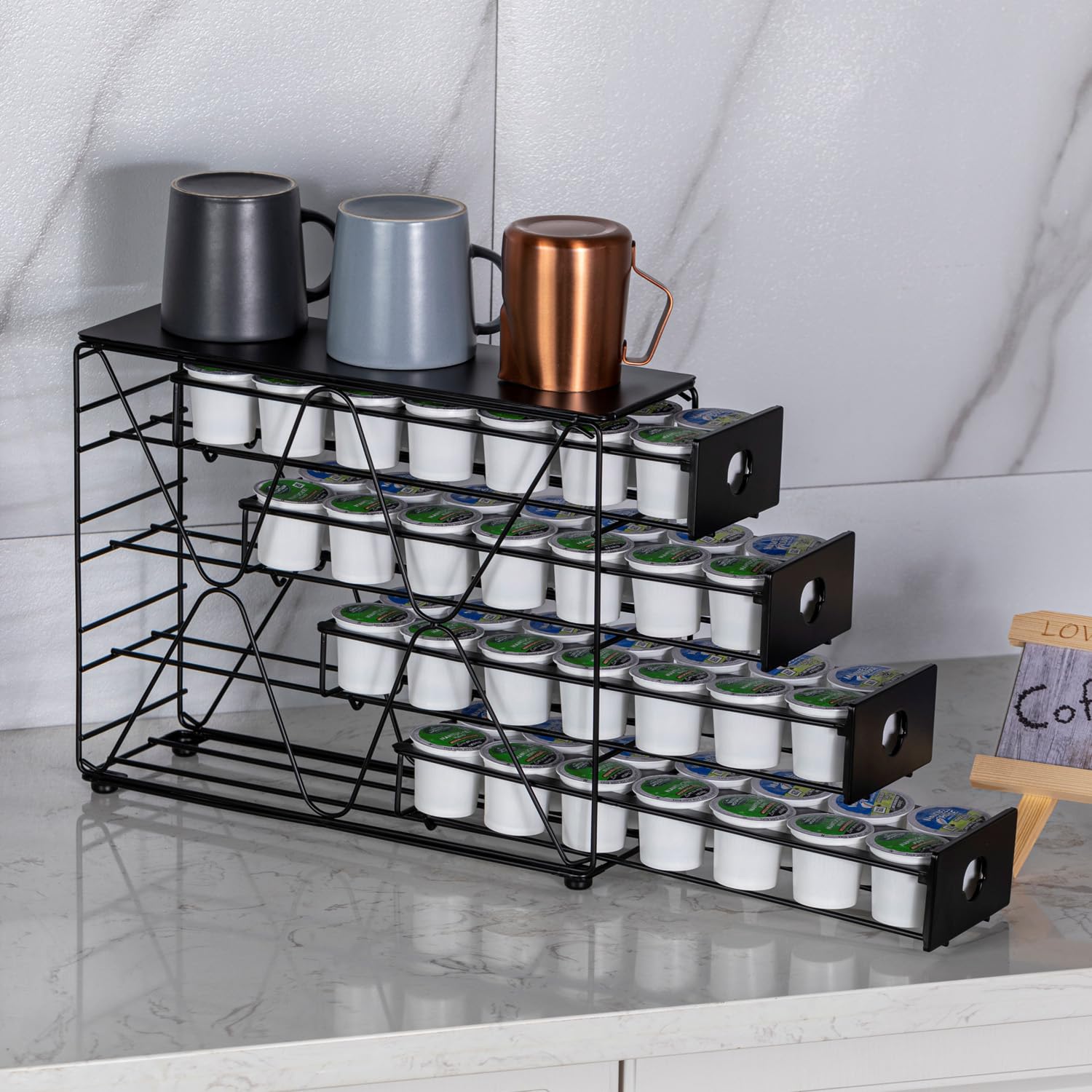 FlagShip K Cup Holder top surface holds mugs and accessories for convenient setup